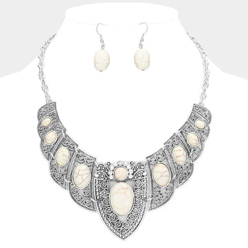 Madeline Love Silver Burnished, White Antique Metal Natural Stone Embellished Necklace - Necklaces