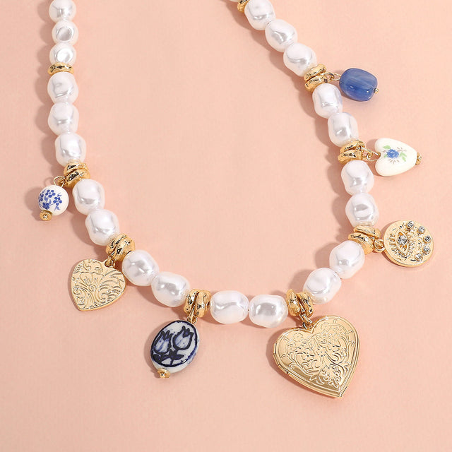 Metal Heart Locket Ceramic Ball Heart Evil Eye Charm Station Pearl Necklace - Gold - Necklaces
