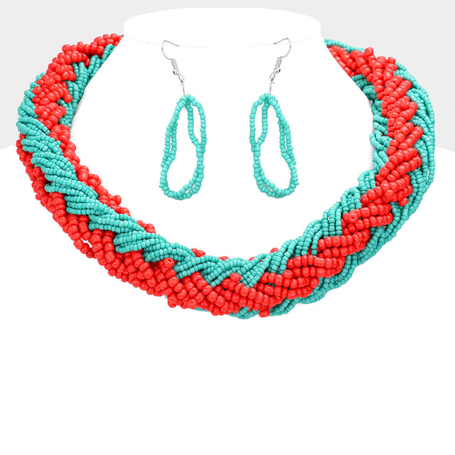 Madeline Love Turquoise Braided Two Tone Seed Beaded Necklace - Necklaces
