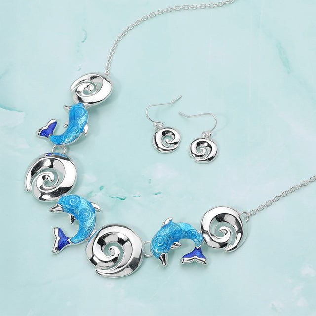 Blue, Silver Enamel Dolphin Metal Wave Link Necklace
