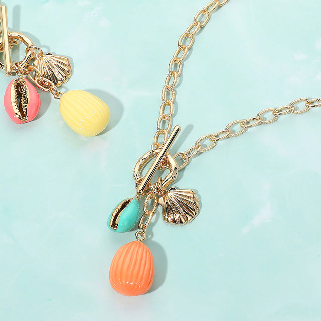 Turquoise Enamel Sea Shell Puka Shell Toggle Pendant Necklace