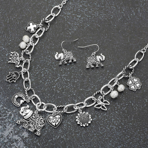 Antique Metal Elephant Hamsa Hand Clover Quatrefoil Butterfly Good Luck Heart Pearl Charm Station Necklace - Antique Silver