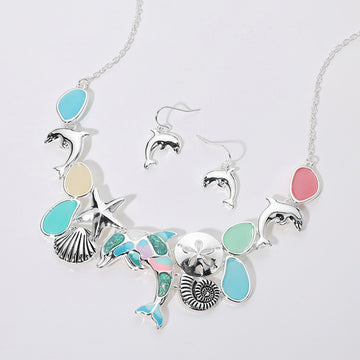 Madeline Love Antique Silver, Multi Sea Glass Dolphin Metal Seashell Sand Dollar Starfish Embellished Necklace - Necklaces