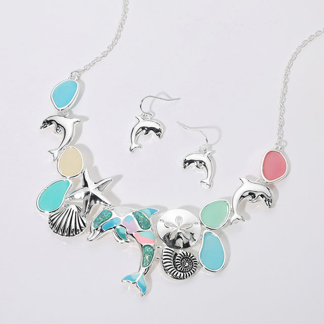 Madeline Love Antique Silver, Multi Sea Glass Dolphin Metal Seashell Sand Dollar Starfish Embellished Necklace - Necklaces