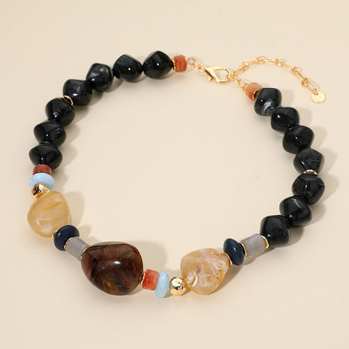 Chunky Mixed Marbled Resin Pebble Beaded Statement Necklace - BK