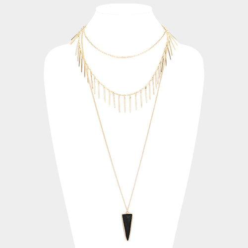 Layered Natural Stone Pendant Necklace - Gold, Jet Black