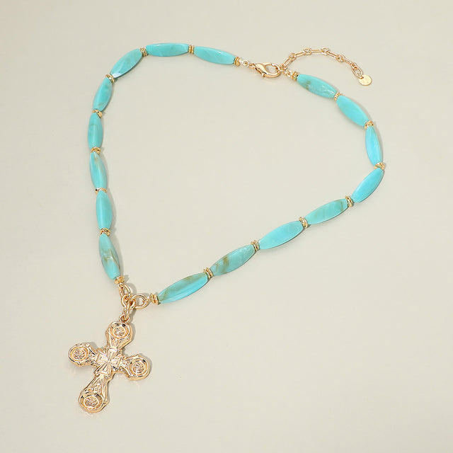 Madeline Love Turquoise Bold Elegant Cross Pendant Chunky Resin Beaded Statement Necklace