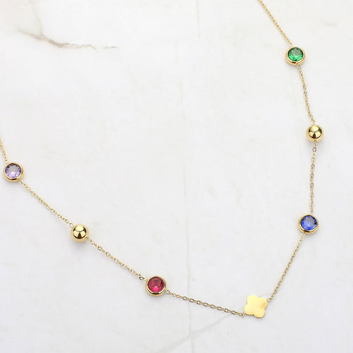 Stainless Steel Stone Bezel Station Necklace - G-MT
