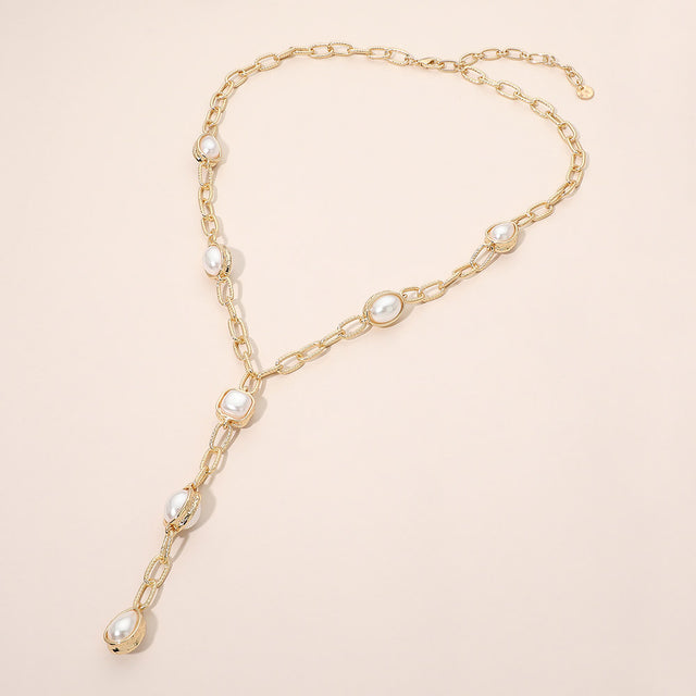 Madeline Love Cream Square Teardrop Oval Emerald Pearl Accent Y-Drop Chain Necklace