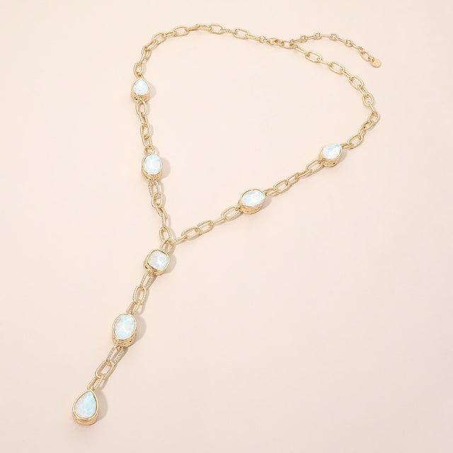Madeline Love White Faceted Square Teardrop Oval Emerald Stone Accent Y-Drop Chain Necklace