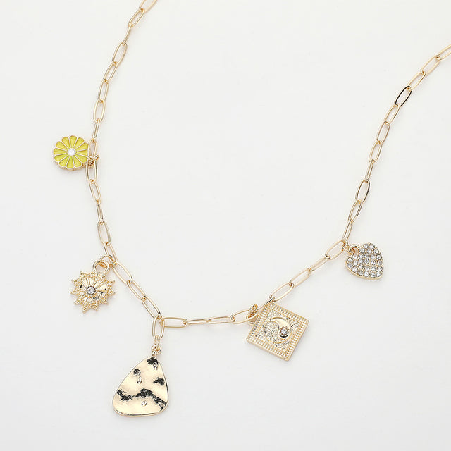 Madeline Love Gold, Yellow Enamel Flower Stone Paved Heart Hammered Metal Charm Station Paperclip Chain Necklace