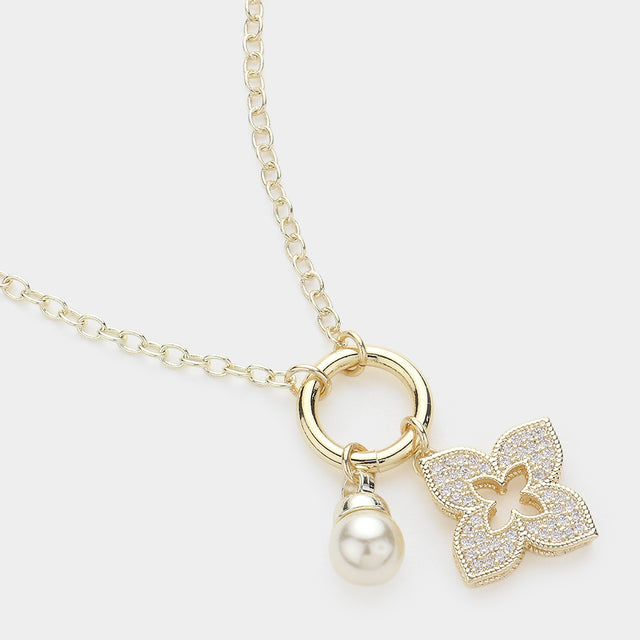 Madeline Love Gold 14K Gold Plated CZ Stone Paved Clover Natural Pearl Charm Pendant Necklace - Necklaces