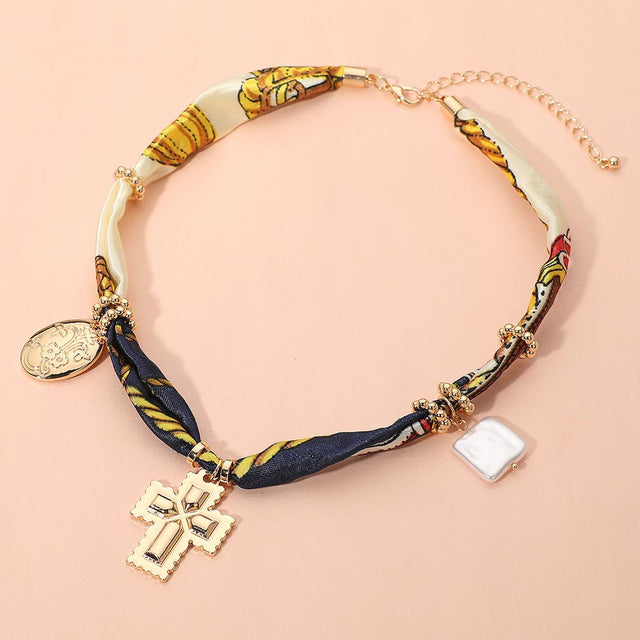 Madeline Love Gold, Navy Boho Metal Cross Square Pearl Floral Oval Charm Fabric Necklace - Necklaces
