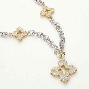 Madeline Love Two Tone 14K Gold Plated CZ Stone Paved Clover Pendant Station Necklace - Necklaces