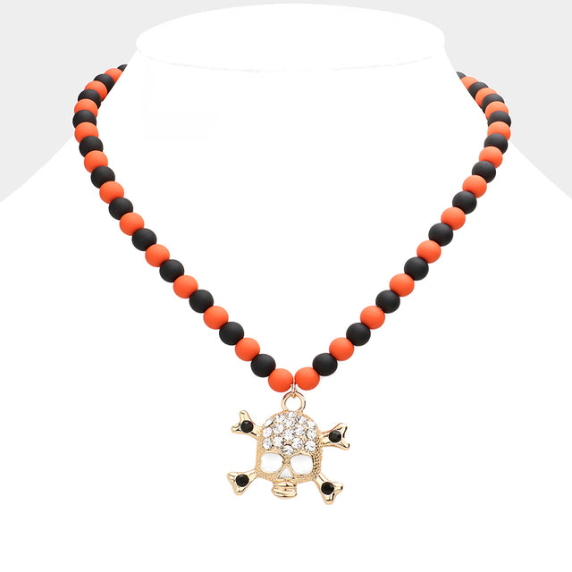 Madeline Love Gold Rhinestone Embellished Skull Pendant Beaded Necklace - Necklaces