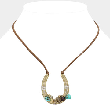 Madeline Love Matte gold, Turquoise Beaded Horseshoe Suede Cord Necklace - Necklaces