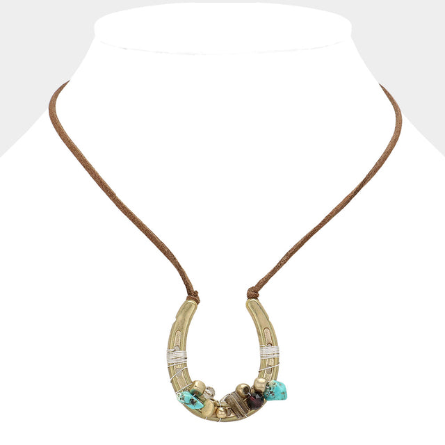 Madeline Love Matte gold, Turquoise Beaded Horseshoe Suede Cord Necklace - Necklaces