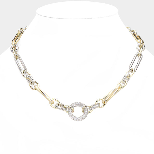 Madeline Love Two Tone 14K Gold Plated CZ Stone Paved Open Circle Pointed Necklace