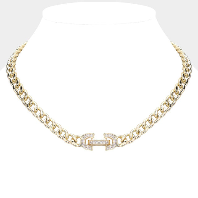 Madeline Love Gold 14K Gold Plated CZ Stone Paved Lock Pointed Chain Necklace - Necklaces
