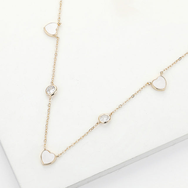 Enamel Heart Stone Bezek Station Necklace - Cream Gold - Necklaces