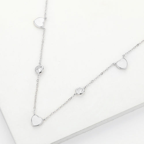 Enamel Heart Stone Bezek Station Necklace - Cream Silver