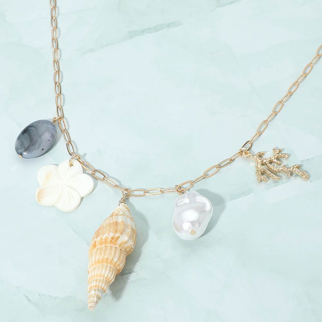 Madeline Love Gold, Multi Seashell Pearl Flower Coral Charm Station Paperclip Chain Necklace - Necklaces