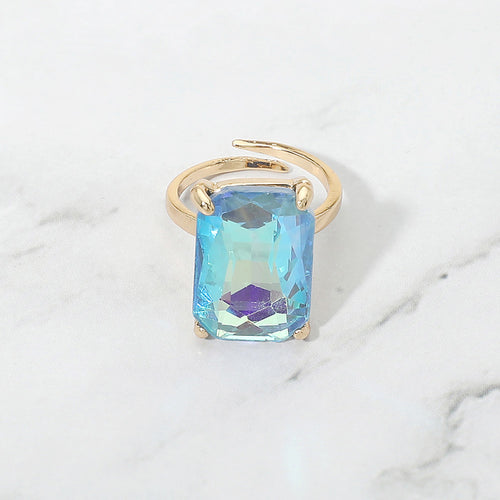 Bold Emerald Cut Stone Cluster Accent Adjustable Ring - AB, Blue