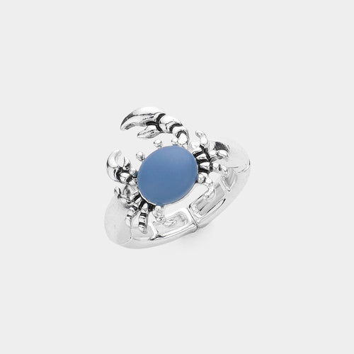 Sea Glass Crab Stretch Ring - Blue, Silver