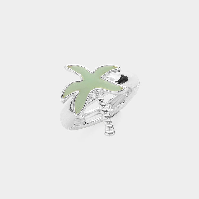 Silver, Turquoise Sea Glass Palm Tree Stretch Ring