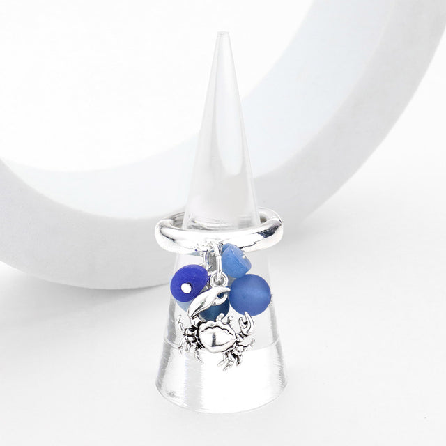 Antique Silver, Blue Sea Glass Metal Crab Dangle Stretch Ring