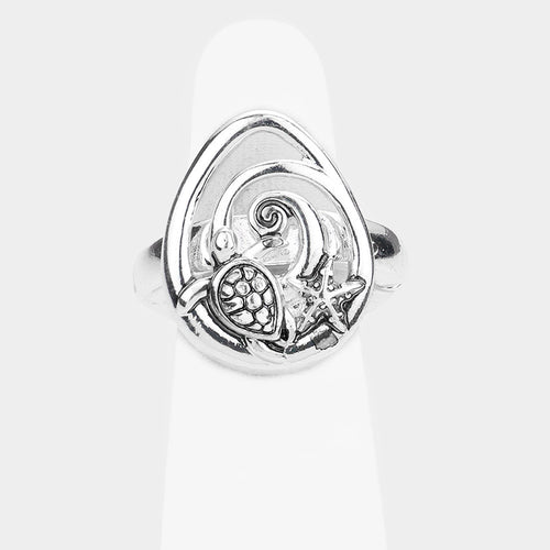 Anillo elástico de metal antiguo con forma de tortuga y estrella de mar - Plata antigua