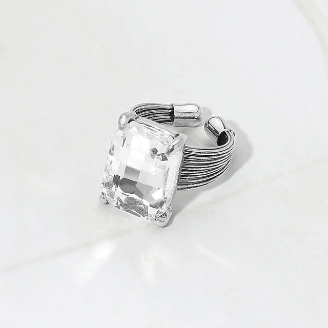Madeline Love Antique Silver, Clear Emerald Cut Stone Adjustable Ring