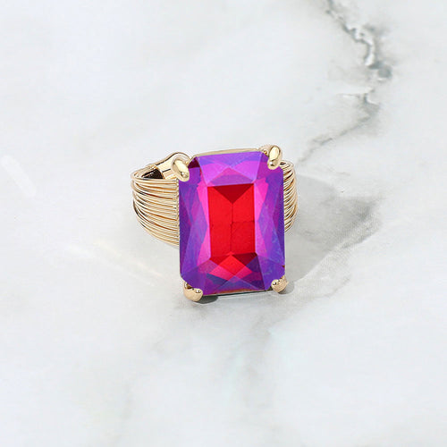 Women's Emerald Cut Stone Adjustable Ring - AB, Fuchsia