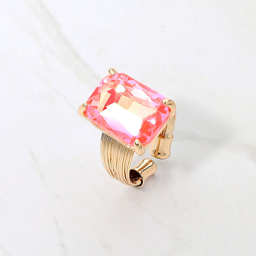 Women's Emerald Cut Stone Adjustable Ring - AB, Fuchsia, Neon