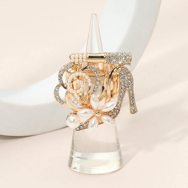 Madeline Love Cream, Gold Rhinestone Pave High Heel Flower Lipstick Stretch Ring - Hair Accessories