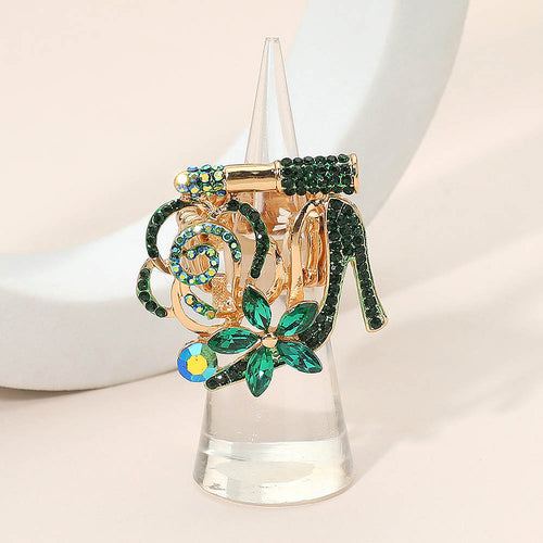 Rhinestone Pave High Heel Flower Lipstick Stretch Ring - Gold, Green