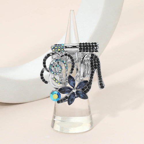 Rhinestone Pave High Heel Flower Lipstick Stretch Ring - Navy, Rhodium