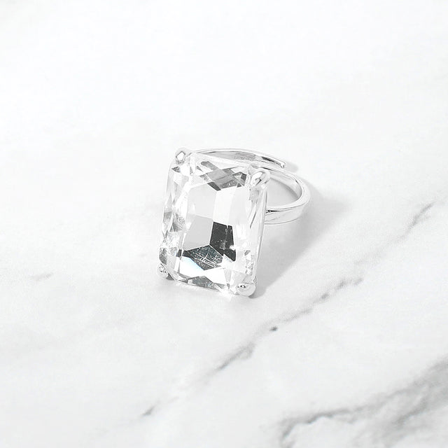 Madeline Love Clear, Silver Bold Emerald Cut Stone Cluster Accent Adjustable Ring