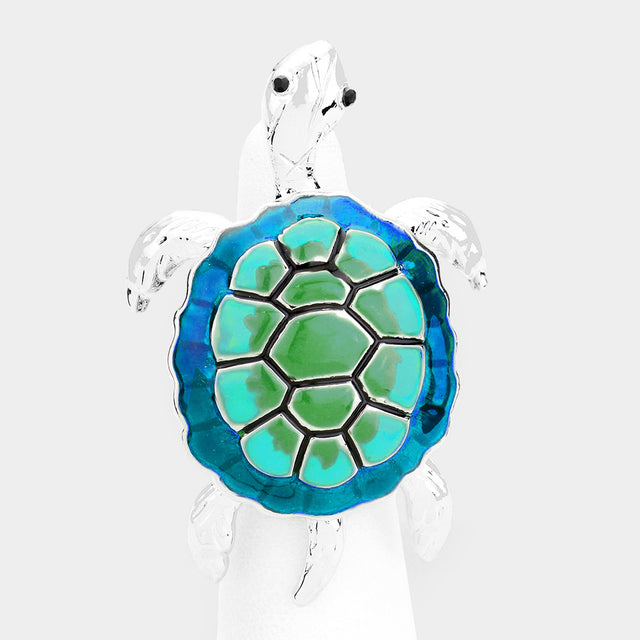 Blue, Silver Enamel Metal Turtle Stretch Ring