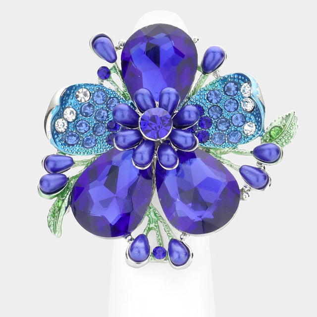 Madeline Love Rhodium, Royal Blue Pearl Stone Embellished Oversized Flower Stretch Ring