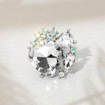 Madeline Love Clear, Rhodium Heart Crystal Cluster Embellished Statement Stretch Ring - Hair Accessories