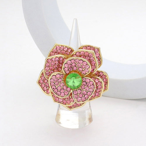 Round Stone Centered Rhinestone Paved Flower Stretch Ring - Pink&Green