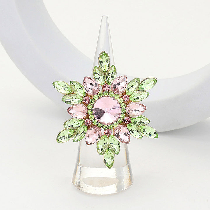 Pink&Green, Round Marquise Stone Embellished Snowflake Stretch Ring
