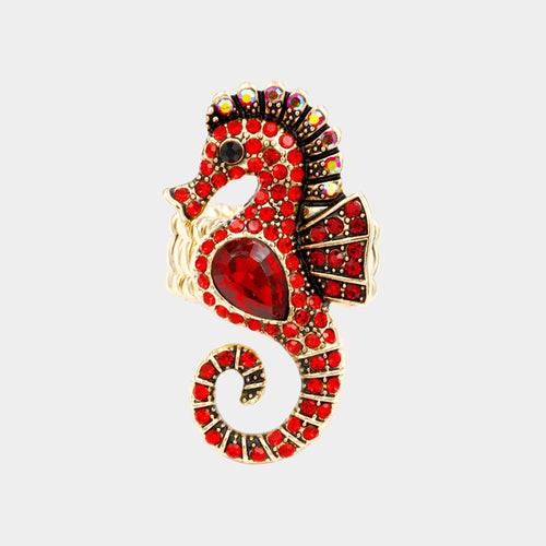 Teardrop Stone Accented Seahorse Stretch Ring - Red