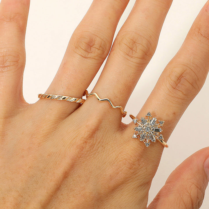 Gold, SECRET BOX_3PCS Genuine Gold Dipped Crystal Snowflake Accent Ring Set