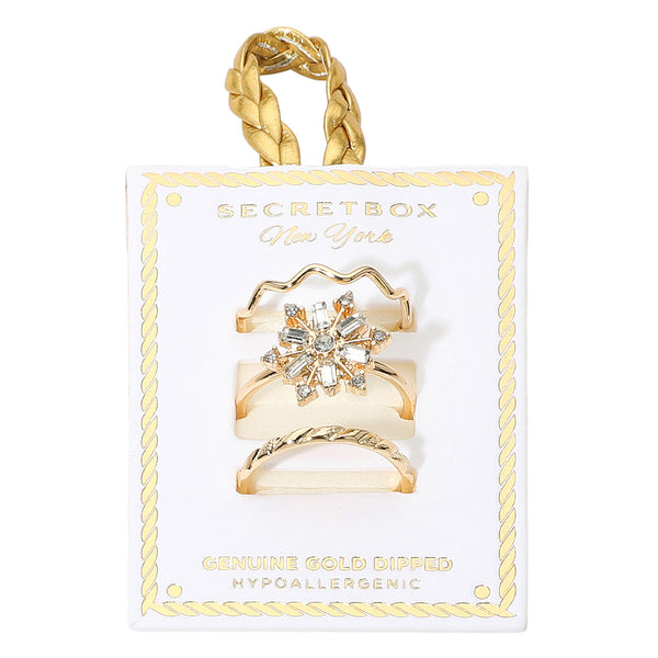 Gold, SECRET BOX_3PCS Genuine Gold Dipped Crystal Snowflake Accent Ring Set