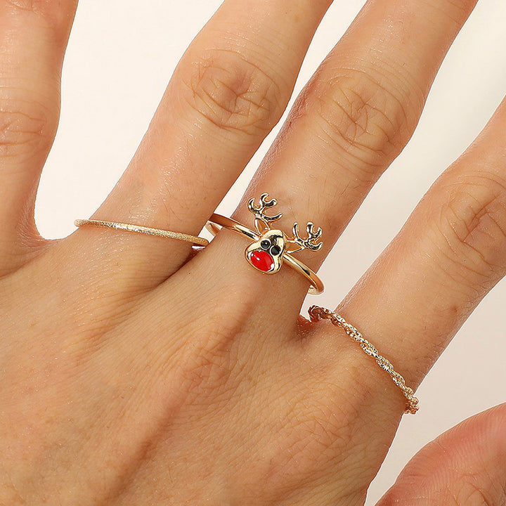 Gold SECRET BOX_3PCS Genuine Gold Dipped Reindeer Accent Ring Set