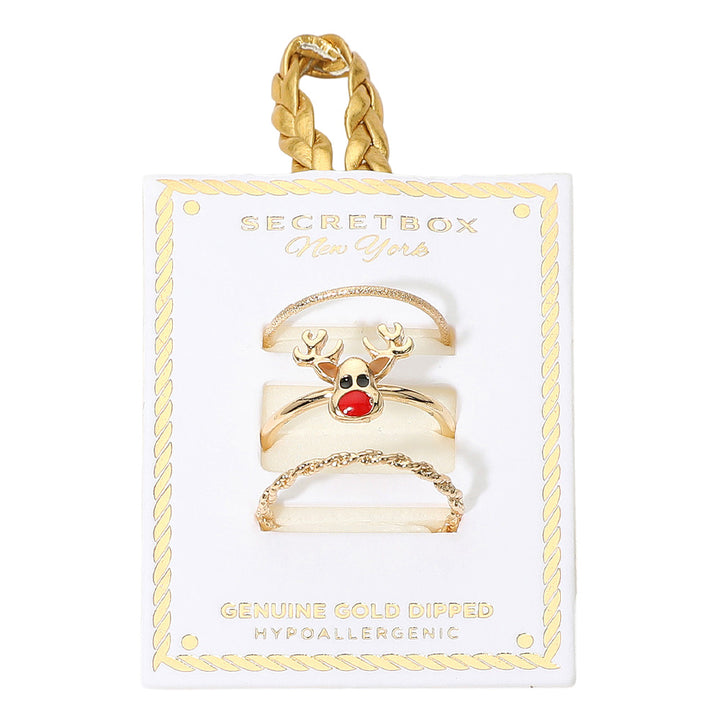 Gold SECRET BOX_3PCS Genuine Gold Dipped Reindeer Accent Ring Set