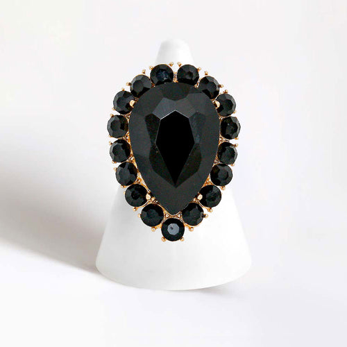 Women's Crystal Rhinestone Teardrop Stretch Cocktail Ring - Gold, Jet Black