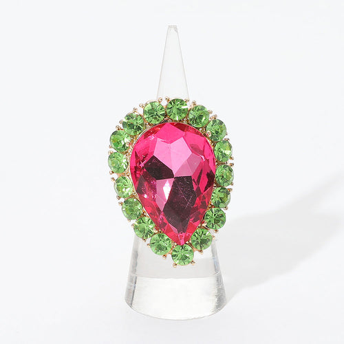 Women's Crystal Rhinestone Teardrop Stretch Cocktail Ring - Gold, Pink&Green